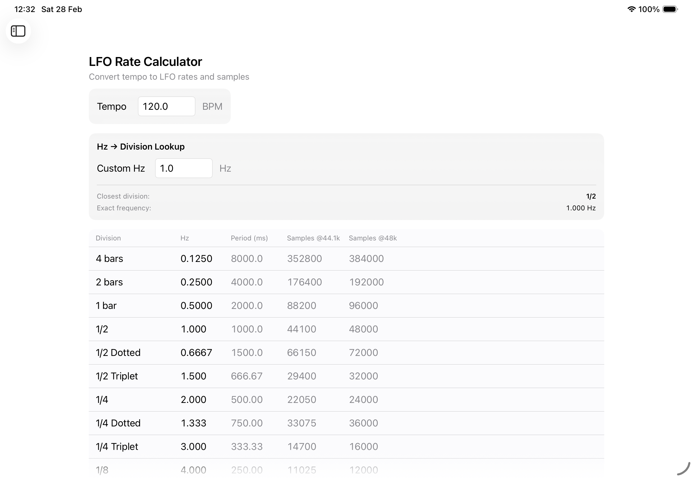 LFO rate screen on iPad